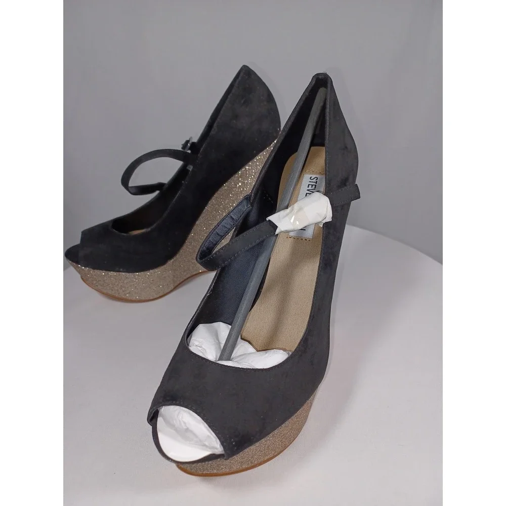 Steve Madden OPERA Shoes Womens‎ Size 8.5 Glitter Wedge Heels Peep Toe